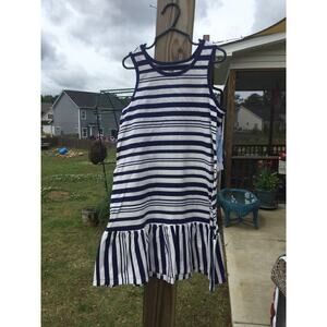 Tea girls sleeveless dress 7 navy blue striped white cotton ruffle tank nautical